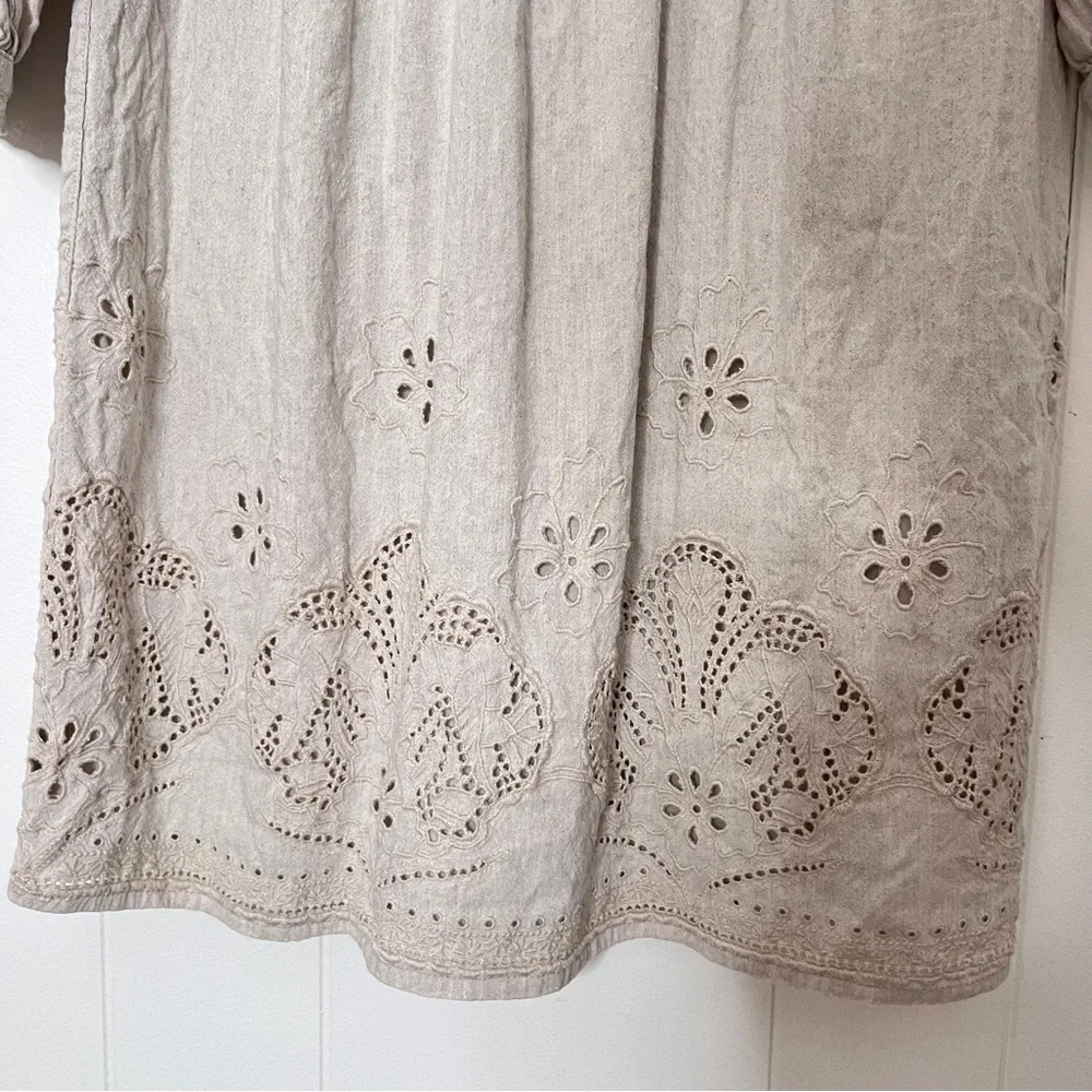 Tommy Bahama St. Lucia Linen Tan Eyelet Mini Dress Coastal Balloon Sleeve Size S - Picture 10 of 10